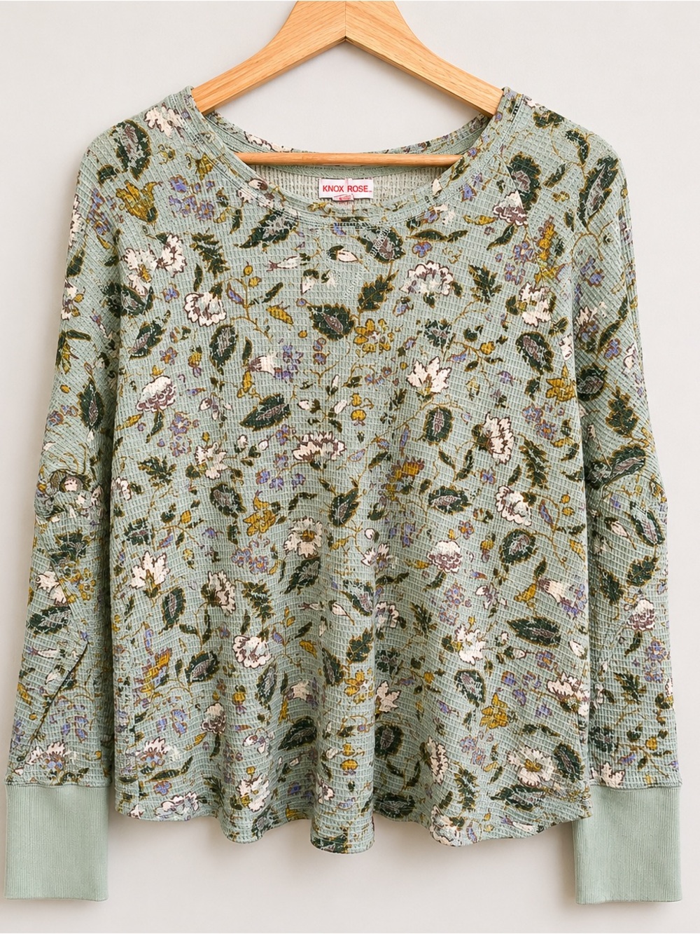 Knox Rose Sage Boho Floral Waffle-Knit Long Sleeve Top XXL - Picture 1 of 10